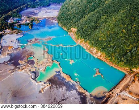 View From Above. Blue Waters Of The Former Tailing Dump In The Village Of Kavalerovo. Khrustalnensky