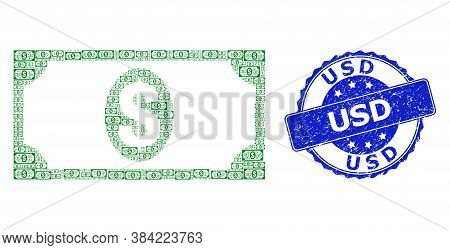 Usd Textured Round Stamp Seal And Vector Fractal Composition Usd Banknote. Blue Stamp Seal Has Usd T