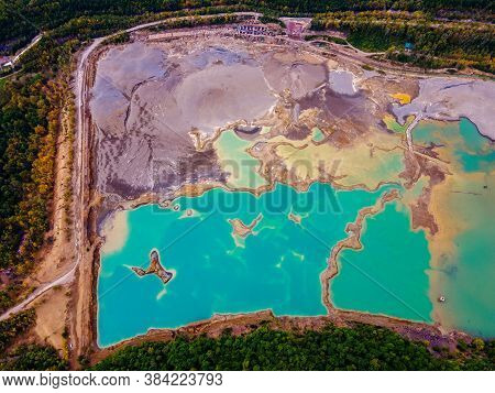View From Above. Blue Waters Of The Former Tailing Dump In The Village Of Kavalerovo. Khrustalnensky