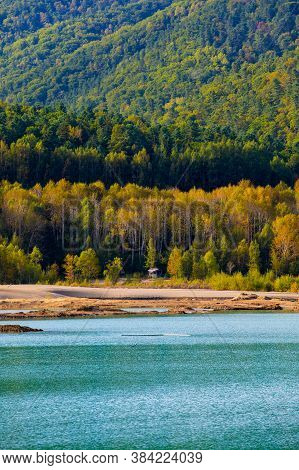 View From Above. Blue Waters Of The Former Tailing Dump In The Village Of Kavalerovo. Khrustalnensky