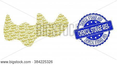 Chemical Storage Area Scratched Round Seal Imitation And Vector Fractal Collage Spot. Blue Seal Incl