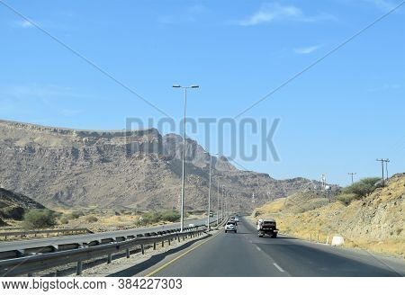 Landscape Of Muscat To Ibri Highway Road Travel. Muscat, Oman : 07-09-2020