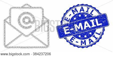 E-mail Scratched Round Stamp And Vector Recursion Mosaic Open E-mail. Blue Stamp Seal Contains E-mai