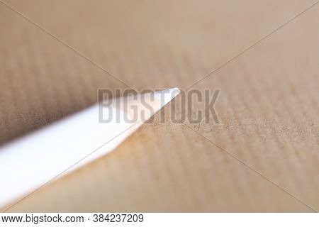 Close-up Of Colourless White Wooden Pencil Laying On Paper. Simple And Minimal Design. Working Place