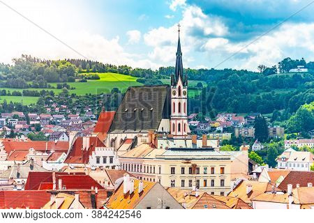St Vitus Church In The Middle Of Historical City Centre. Cesky Krumlov, Southern Bohemia, Czech Repu