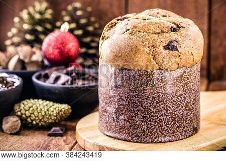 Traditional Christmas Bread From Brazil And Italy, Called Panettone Or Chocotone, Made At Home, Stuf