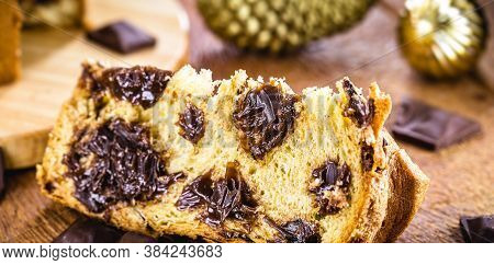 Slice Of Panettone, With Homemade Chocolate Chips. Typical Christmas Cake, Also Called Chocotone