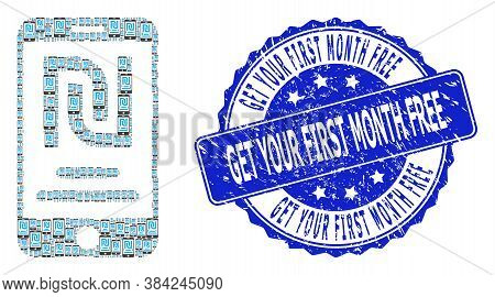Get Your First Month Free Grunge Round Stamp Seal And Vector Fractal Collage Shekel Mobile Account. 