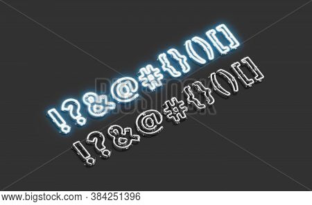 Decorative Mark Neon Symbol Mockup Darkness, 3d Rendering. Luminous Exclamation Point, Question, Amp
