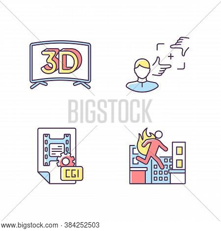 Film Production Rgb Color Icons Set. 3d Television. Cgi For Animation. Professional Stuntman. Specia