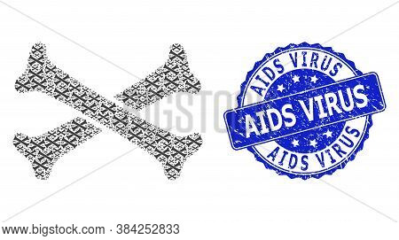 Aids Virus Dirty Round Stamp And Vector Recursive Mosaic Crossing Bones. Blue Stamp Contains Aids Vi