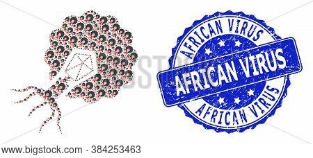 African Virus Rubber Round Stamp Seal And Vector Recursive Composition Virus Infecting Cell. Blue St