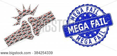 Mega Fail Scratched Round Seal Print And Vector Recursive Mosaic Bone Joint Fracture. Blue Seal Has 