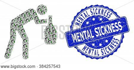 Mental Sickness Dirty Round Seal Imitation And Vector Fractal Mosaic Drunky Man. Blue Seal Has Menta