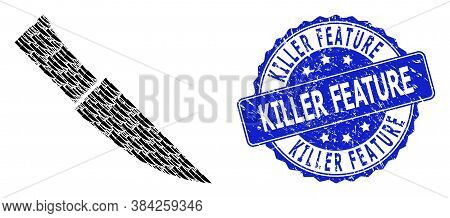 Killer Feature Dirty Round Stamp And Vector Recursive Collage Knife. Blue Stamp Includes Killer Feat