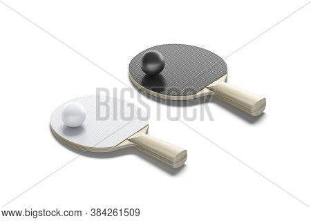 Blank Black And White Table Tennis Racket With Ball Mockup, 3d Rendering. Empty Sport Racquet With B