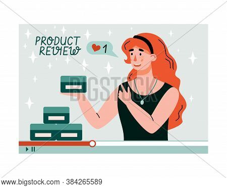 Woman Reviewing And Unboxing Product On Video. Girl Using Internet For Making Tutorial And Unpackagi