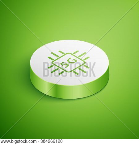 Isometric Computer Processor 5g With Microcircuits Cpu Icon Isolated On Green Background. Chip Or Cp