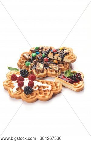 Freshly Baked Waffles With Chocolate Isolated On White Background