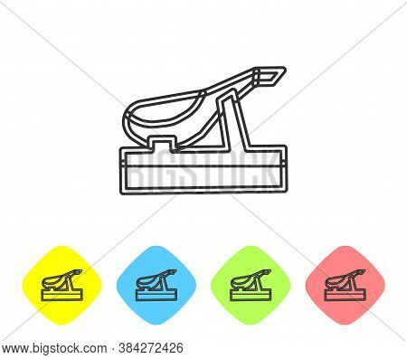 Grey Line Spanish Jamon On The Wooden Jamonera Icon Isolated On White Background. Set Icons In Color