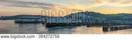Port Of Dover, England - June 24, 2020: Panoramic Landscape Shot Of Dover Port With P&o And Dfds Fer