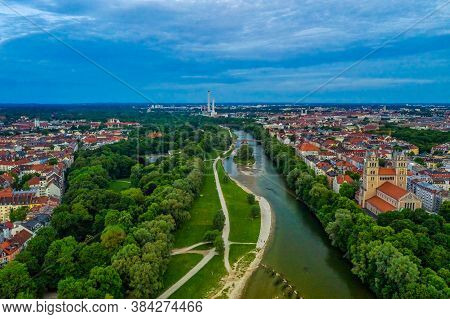 View Over Munich With The Isar River, Authentic From Above, Bavaria, Germany.