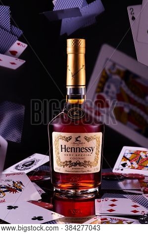 Kyiv, Ukraine - Sep 5, 2020: French Hennessy Cognac. Hennessy Bottle And Cards. Vertical Frame.