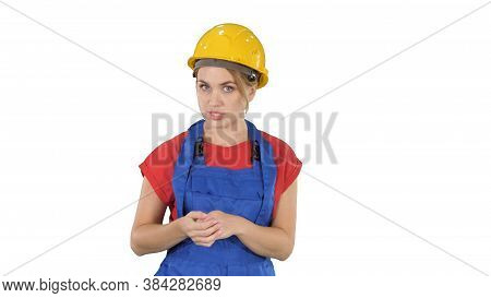 Construction Female Worket Explaining Her Ideas To Camera On White Background.