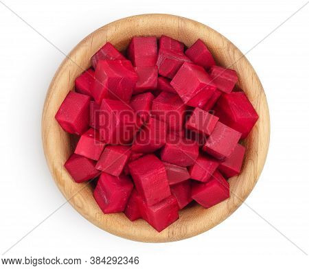 Beetroot Diced In Wooden Bowl Isolated On White Background With Clipping Path And Full Depth Of Fiel