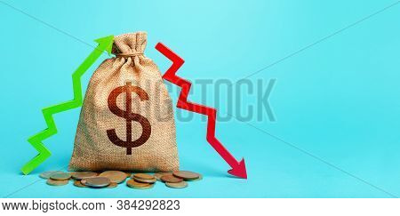 Dollar Money Bag And Two Arrows Of Profit Loss. Income Expense Concept. Debit And Credit. Capital Mo