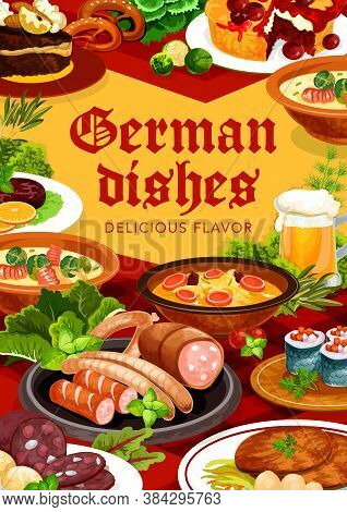 German Cuisine Dishes Vector Banner. Bavarian Blood Sausage, Stuffed Herring Rollmops And Soup With 