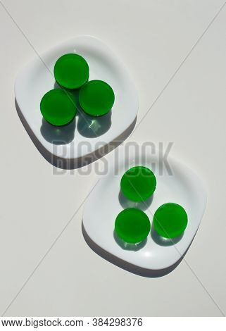 Two-layer Jelly Made From Pandanus Leaves And Coconut Milk. Traditional Thai Street Food. Lao Wun. M