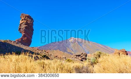 Panoramic view of The Teide volcano and The Cinchado rock in Tenerife, Canary Islands, Spain. Landscape