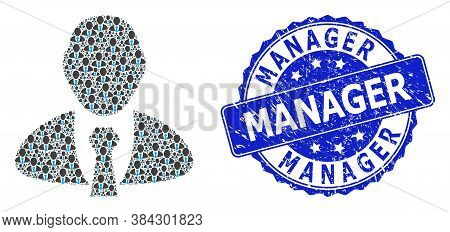 Manager Scratched Round Stamp And Vector Fractal Collage Manager. Blue Stamp Seal Has Manager Captio