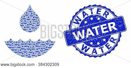 Water Dirty Round Stamp Seal And Vector Recursive Mosaic Water. Blue Seal Contains Water Text Inside