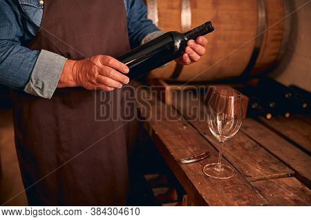 Male Winemaker In Apron Holding Bottle Of Wine
