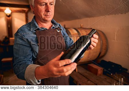 Male Winemaker In Apron Holding Bottle Of Wine