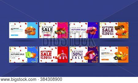 Autumn Sale And Discount Week, Collection Of White Discount Banners In Minimalistic Style With Falli