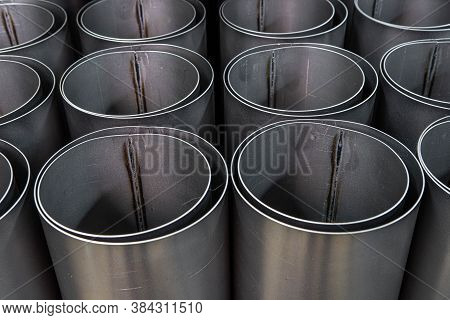 Welded Seam On Stainless Steel Ventlation Pipes. Metal Industry. Close-up.