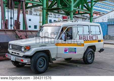 Corinto, Nicaragua - November 27, 2008: Closeup Of Ambulance Toyota Vehicle Parked Onthe Docks Of Ha
