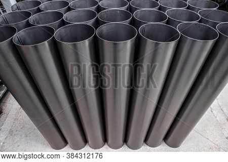 Welded Seam On Stainless Steel Ventlation Pipes. Metal Industry. Close-up.