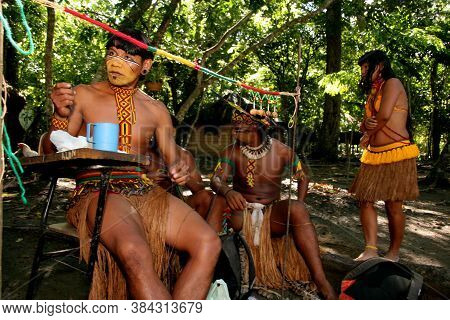 Porto Seguro, Bahia / Brazil - April 14, 2009: Pataxo Indians Are Seen In The Village Jaqueira In Th