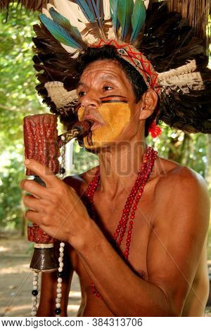 Porto Seguro, Bahia / Brazil - April 14, 2009: Pataxo Indians Are Seen In The Village Jaqueira In Th