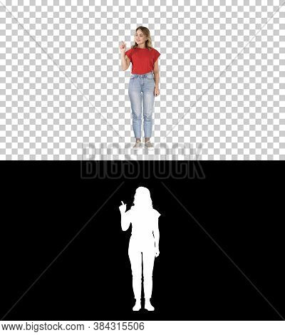 Casual Charming Woman Presenter Puching Imaginary Button On Imaginary Screen, Alpha Channel