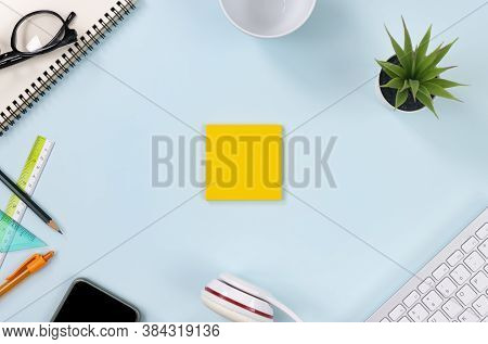 Yellow Stick Note Or Note Pad And Office Supplies As Keyboard Pen Pencil Office Plants Notebook Glas