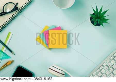 4 Stick Note Or Note Pad And Office Supplies As Keyboard Pen Pencil Office Plants Notebook Glasses S
