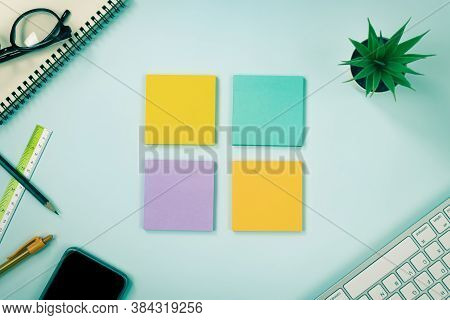 4 Stick Note Or Note Pad And Office Supplies As Keyboard,pen,pencil,office Plants,spiral Notebook,gl