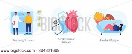 Three Designs Depicting Obesity With A Fat Man At The Doctor, Cardiology Icons And A Couch Potato Ea