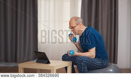 Elderly Aged Male Exercising With Dumbbells Sitting On Swiss Ball During Online Training. Old Person