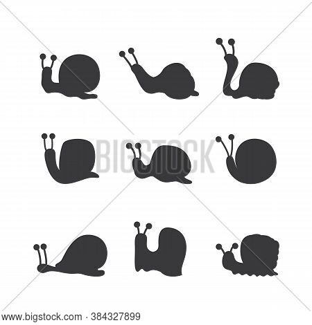 Cute Funny Cartoon Snail Black Silhouettes Set Vector Illustration Isolated.